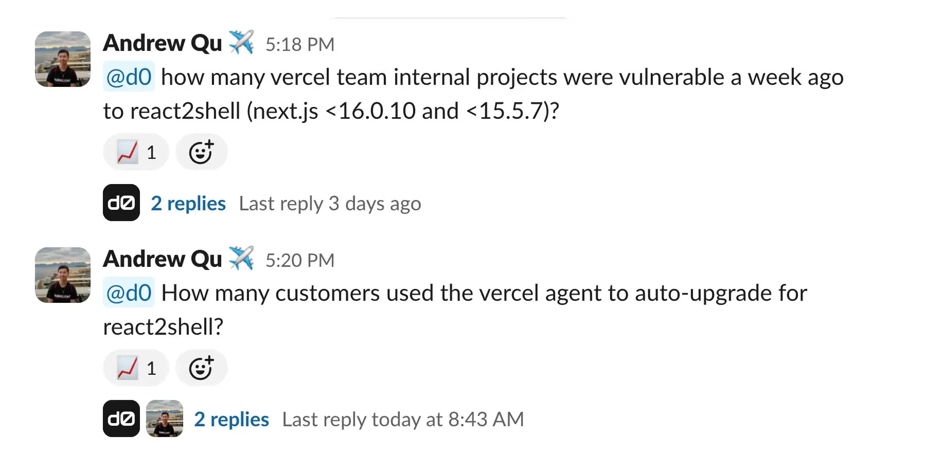 Vercel team members asking d0 questions in Slack