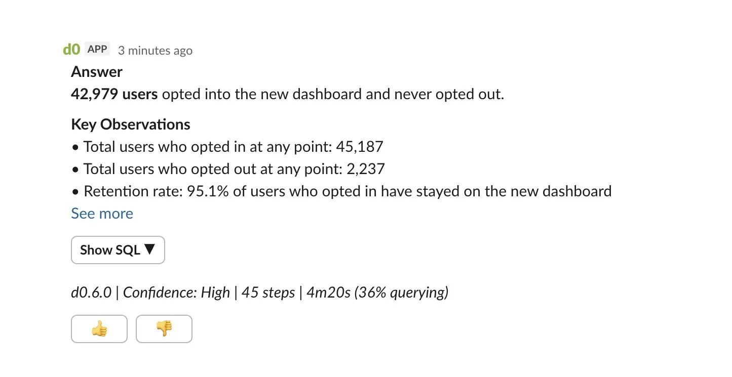 d0's response showing user opt-in data with key observations