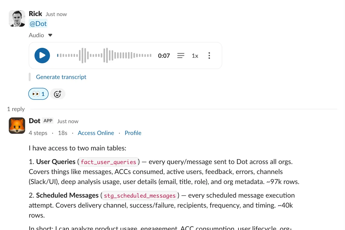 Voice message sent to Dot in Slack, with Dot transcribing and responding with relevant data