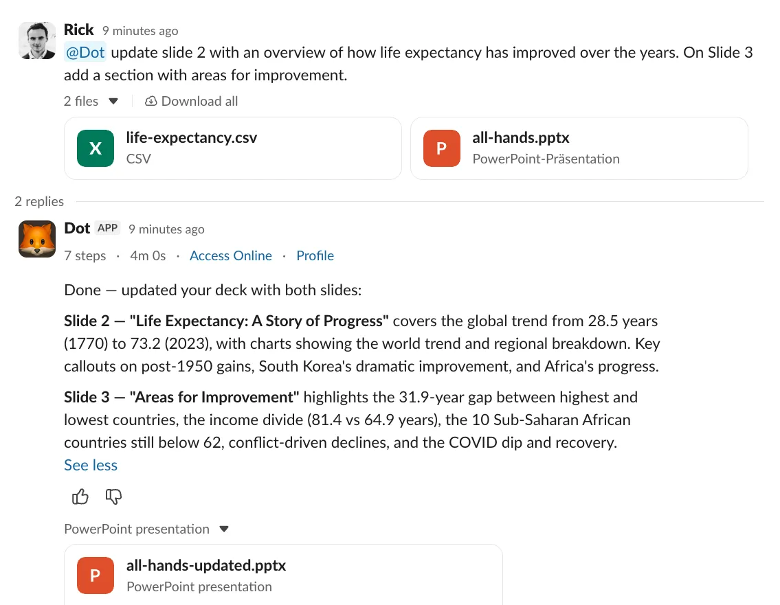 Chat conversation showing a file upload with Dot analyzing and returning an enriched file